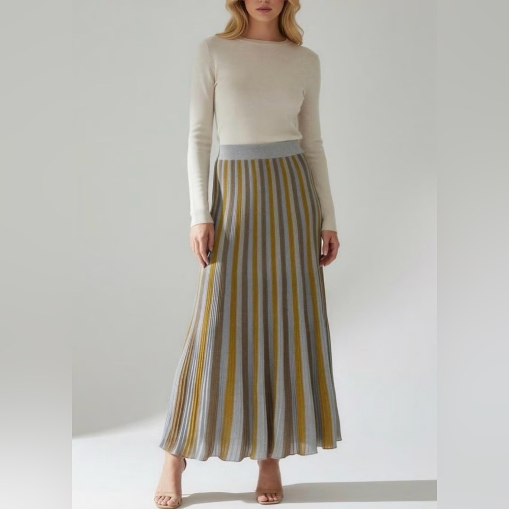 Happy Sheep Metallic Pleated Maxi Skirt, Lined, NWT, Gold, Silver, Size Large